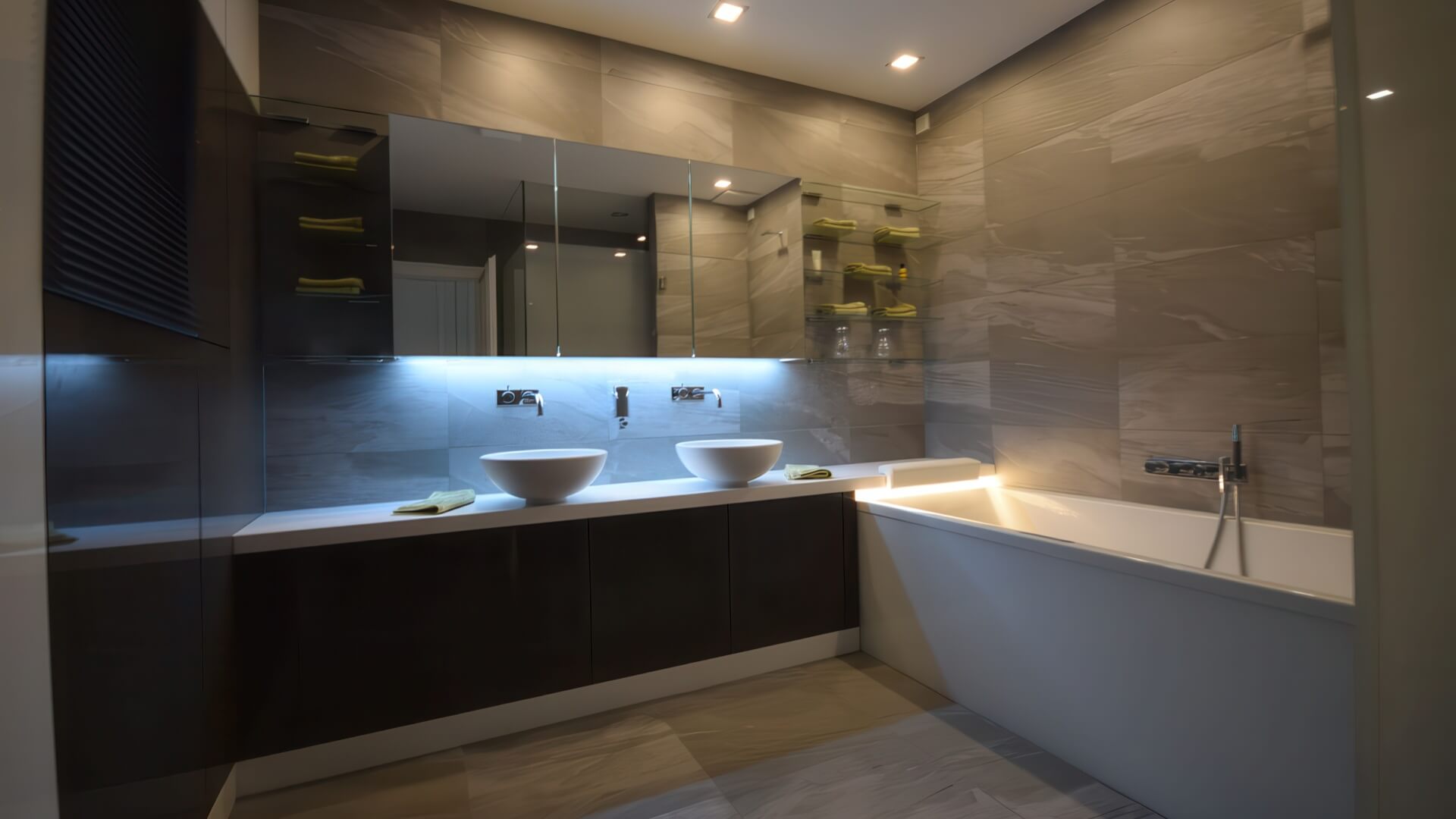 Badewanne mit integriertem Licht und Wandarmaturen