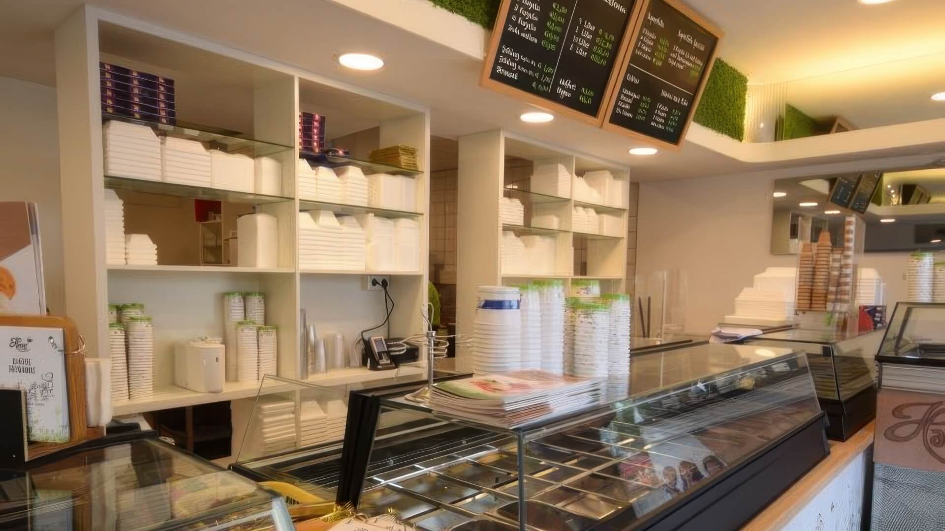 Eissalon-Innenraum mit Wandverbauten, Deckenlicht und offenen Regalen