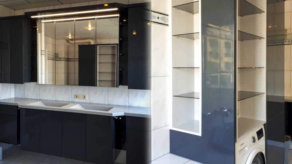 Dunkle Badmöbel mit Spiegelschrank und LED-Beleuchtung