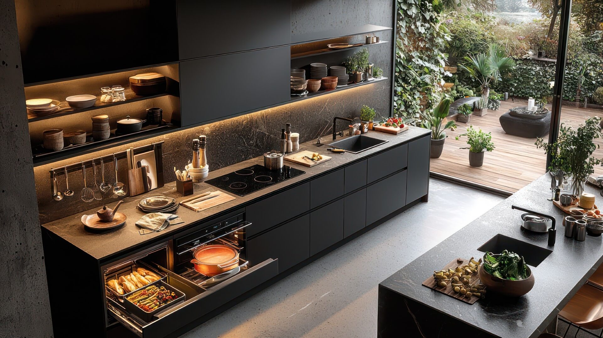 Großzügige Arbeitsfläche in moderner Küche – komfortables Schneiden und Arbeiten.